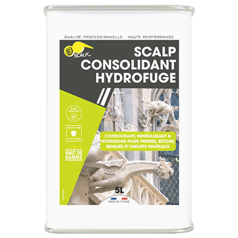 SCALP CONSOLIDANT HYDROFUGE fortalece e protege materiais porosos, oferecendo tratamento consolidante e hidrofugante eficaz.