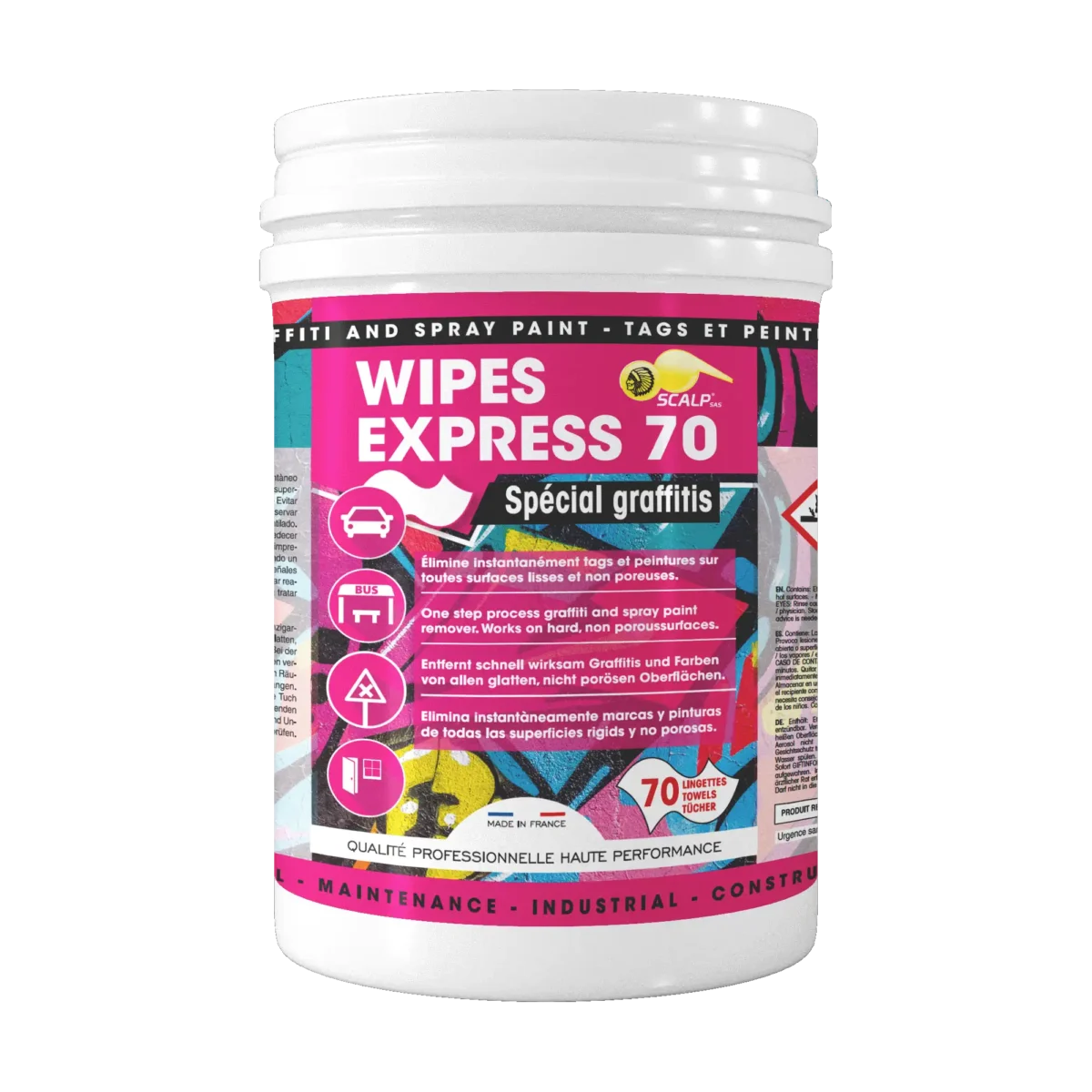 WIPES EXPRESS 70 especial para grafites são toalhetes anti-graffiti ultra-eficazes, ideais para uma limpeza rápida e prática.