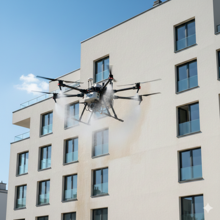 Drone profissional a aplicar produto SCALP numa fachada em Portugal